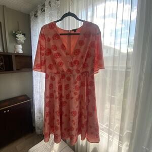 Torrid Dress Women’s 12  Peach/Pink Floral Wrap V-Neck Flowy Flutter Sleeves